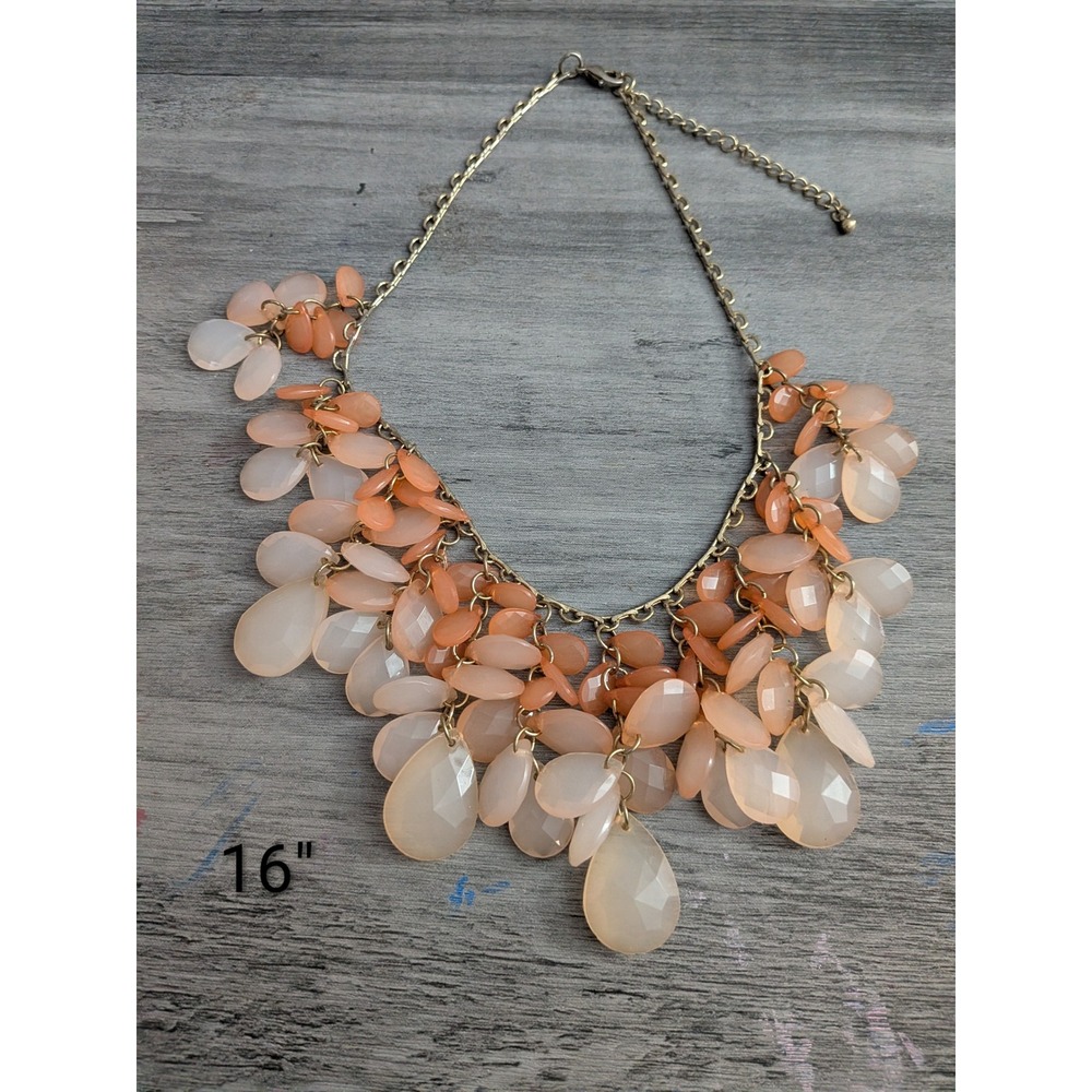 Peach Faceted Teardrop Bead Bib Statement Necklace Gold Tone 16 Inch